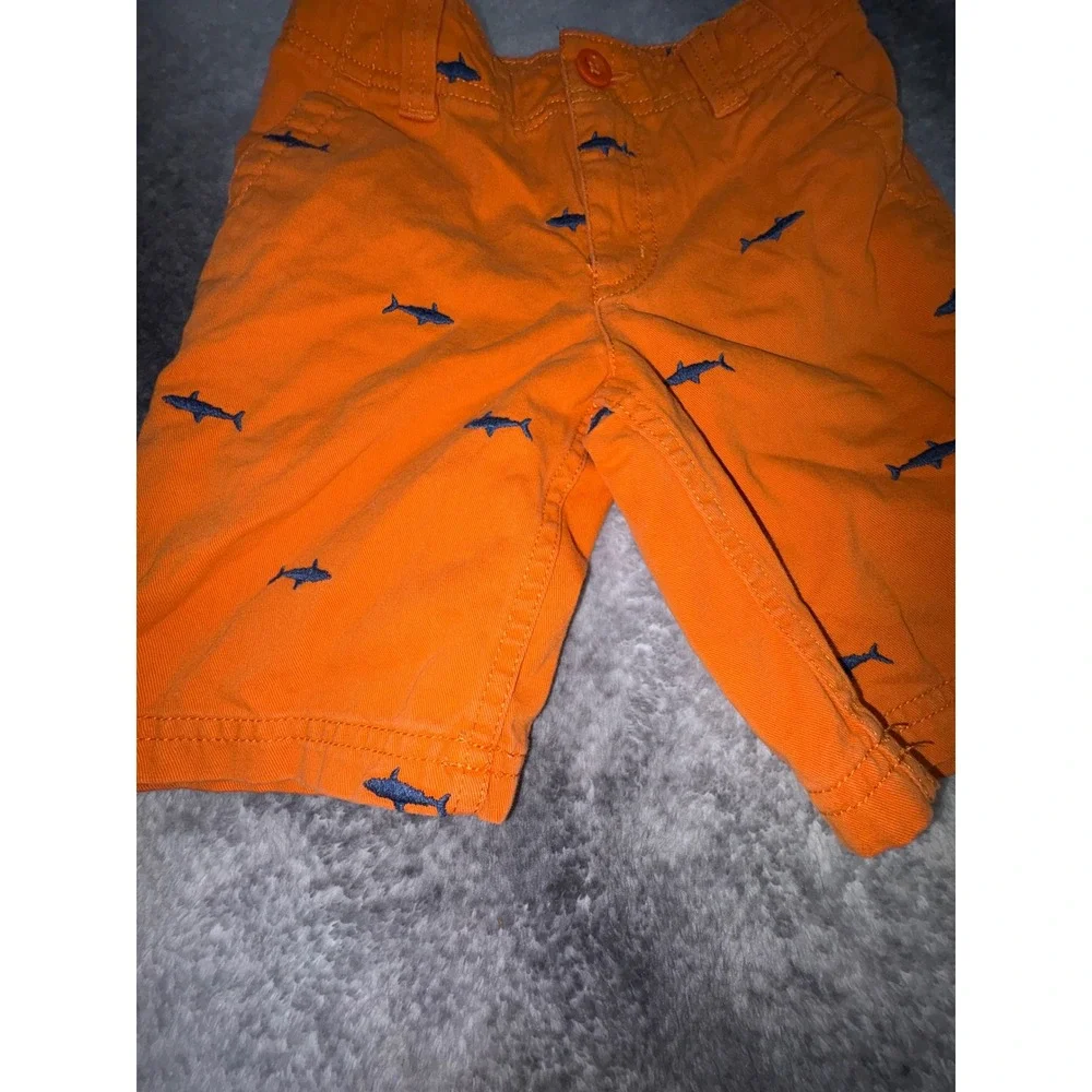 (B4) Sonoma Boys Orange Shark Embroidered Chino Shorts 5 Cotton Nautical Summer‎